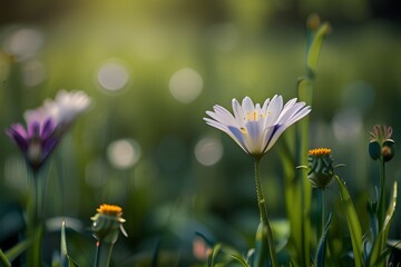 Beautiful nature closeup natural green blurred spring background, selective focus. Beautiful close up ecology nature landscape with flowers meadow. Generative AI