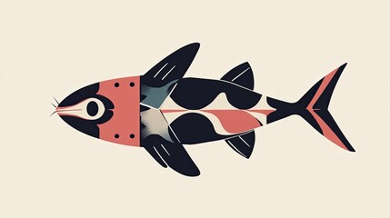 Poster - A minimalist, symmetrical illustration of a hybrid cat-animal-shark creature, blending elements of each in a sleek, modern design.