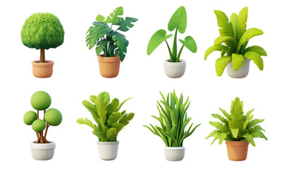 Plant shoot, potted houseplant, tree, grass, 3d cartoon icon set white background