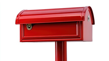Poster - Closed red mailbox isolated on a white background, featuring a classic and bold design, perfect for mail delivery themes.