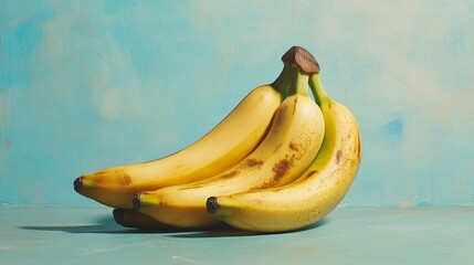 Poster - A vibrant bunch of bananas sits on a soft blue background. The fruit is ripe and ready to eat. This image showcases freshness and natural beauty. Perfect for food-related projects. AI