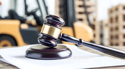 A gavel and document papers with a forklift in the background