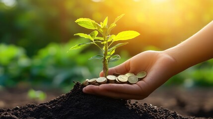 Concept of money growth with a hand holding coins and a growing tree, representing eco-friendly investment and financial success.