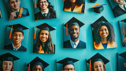 Graduating students celebrate their achievements at a ceremony with individual portraits displayed on a vibrant background