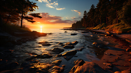 A picturesque coast at sunset graces the serene waters of a lake.