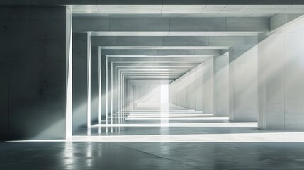 Poster - Modern architectural structure characterized by a series of evenly spaced, rectangular columns creating a tunnel-like effect