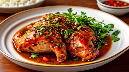 Poster -  Deliciously cooked chicken with vibrant sauce and garnish