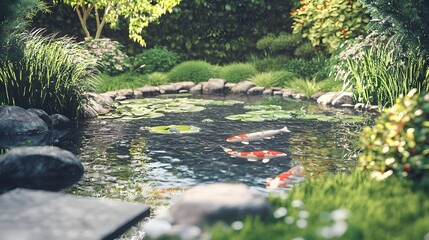 Poster - Koi Pond in a Lush Garden.