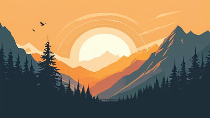 Wall Mural - Mountain Landscape with sunset. Panorama of a mountain landscape. Sunset in the mountains. Nature Landscape. Mountains. sunset. Vector illustration. 