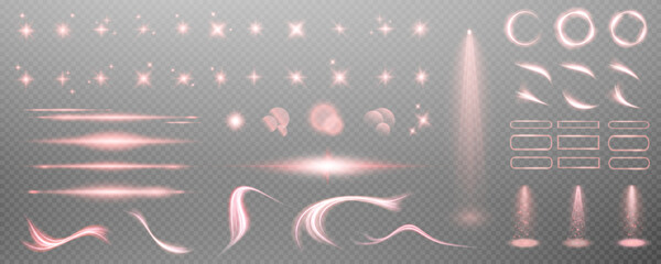 Wall Mural - Set of realistic vector red stars png. Set of vector suns png. Red flares with highlights. Horizontal light lines, laser, flash.	
