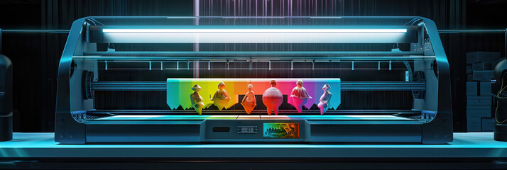 Wall Mural - A futuristic laser printer, showcasing its capabilities with a display of colorful, intricate prints.