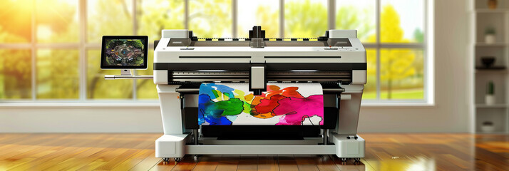 Wall Mural - A futuristic laser printer, showcasing its capabilities with a display of colorful, intricate prints.