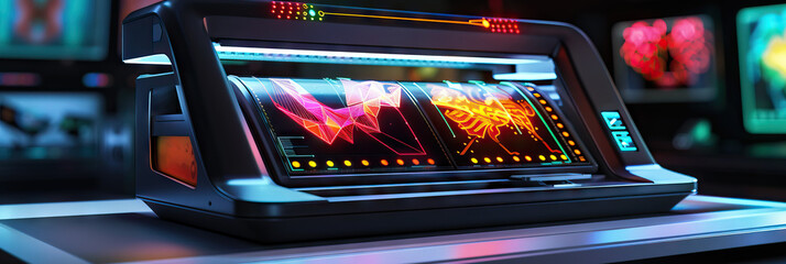 Wall Mural - A futuristic laser printer, showcasing its capabilities with a display of colorful, intricate prints.
