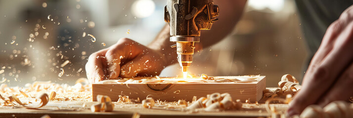 Wall Mural - A skilled woodworker, using a miniature laser engraver to create intricate designs on a wooden block.