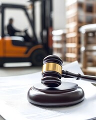 Wall Mural - A gavel and document papers with a forklift in the background