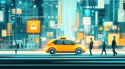 A vibrant yellow taxi stands in a busy urban cityscape. Its modern look contrasts with colorful digital signs. An illustration of city life and transportation. AI