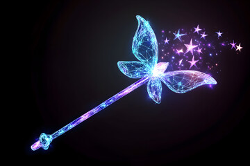 glowing neon crystal fairy wand surrounded by stars isotated on black background.