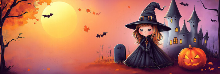 banner of halloween festival : cute witch ,witch hat,witch's wand,witch castle, orange moon ,maple l