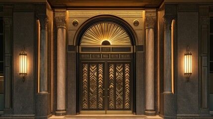 Poster - A grand entrance to a 1920s building featuring a pair of tall, bronze doors with intricate geometric carvings