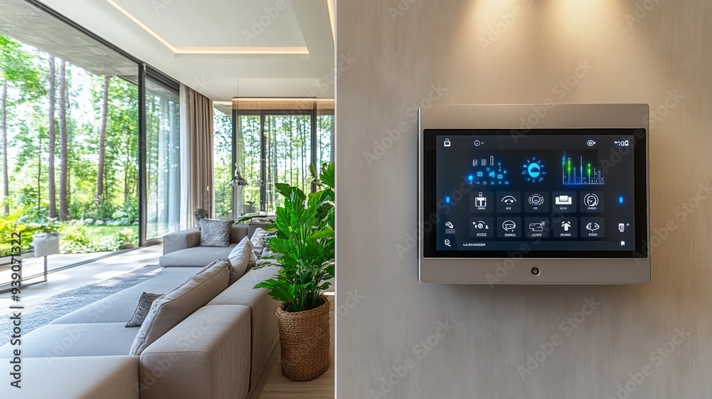 Modern smart home control panel displaying various information in ...