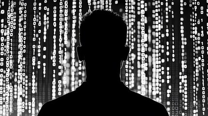 A black and white silhouette with binary code in the background, representing computer coding or digital technology