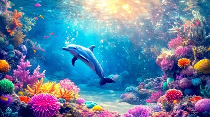 Wall Mural - A vibrant underwater scene showcasing a playful dolphin swimming among colorful coral reefs. The sunlight pierces through the water. Perfect for nature lovers and marine enthusiasts. AI