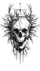 Tribal Skull and Crown of Thorns Tattoo black and white illustration