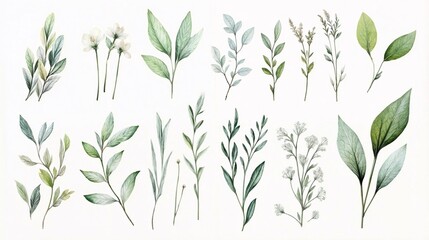 A collection of delicate botanical illustrations featuring various leaves and branches with subtle green hues, arranged in a minimalist style against a white background