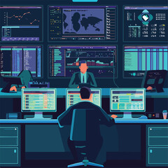 Cybersecurity Operation Center Team Monitoring Global Network Security Cyberattack Threat Detection Data Analysis Digital Forensics Incident Response Illustration