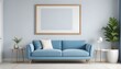 © Danish - Interior mockup In a white room a blue sofa is placed next to a photo frame on the wall
