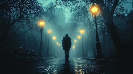 A mysterious nighttime scene featuring a man walking alone among gothic streetlights and dark trees, perfect for Halloween themes and eerie designs with copy space.