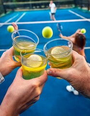 Wall Mural - friends relaxing after a padel match, sitting on the grass or benches with drinks, yellow Padel tennis balls on the blue court surface