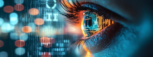 A stock market chart is seen behind an eye, with digital lines and charts moving in the background, representing data technology and financial trading