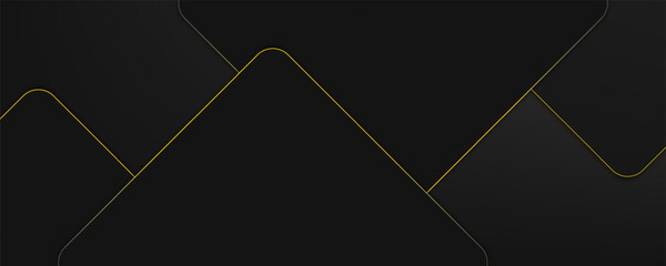Wall Mural - dark black abstract background. geometric rounded square shape with gold lines and shadow. modern lu