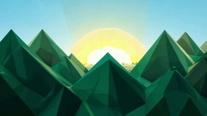 Poster - Exploring abstract green mountain landscapes under a bright sun in a serene digital environment at sunrise