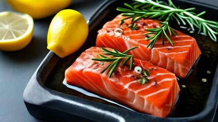 Wall Mural -  Deliciously grilled salmon with lemon and herbs ready to serve