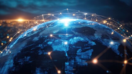 Poster - Holographic globe with digital connections, representing global innovation and connectivity.