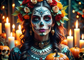 Wall Mural - Halloween - Beautiful girl in a carnival mask Skull  