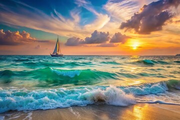 Beautiful turquoise sea with waves, sailboat, sunset 