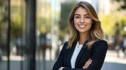 Poster - Young happy and confident professional businesswoman standing outdoors on the street, looking at the camera