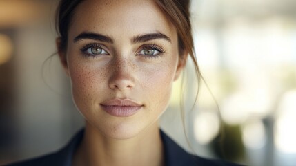 Aufkleber - Close-up of a young businesswoman with a focused look, wearing a blazer and with natural lighting highlighting her features