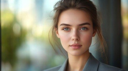Aufkleber - Close-up of a young businesswoman with a focused look, wearing a blazer and with natural lighting highlighting her features