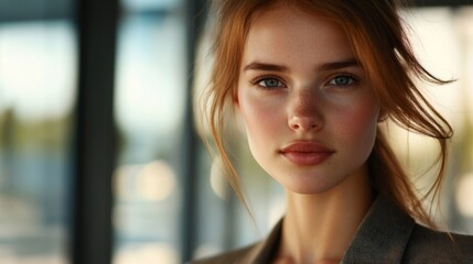 Aufkleber - Close-up of a young businesswoman with a focused look, wearing a blazer and with natural lighting highlighting her features