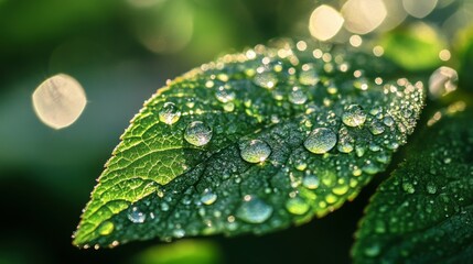 Poster - Close-up of delicate water droplets glistening on a green leaf, with sunlight creating a sparkling effect
