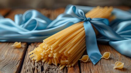 Italian spaghetti pasta bundle with blue silk ribbon on wooden background symbolizing healthy food concept