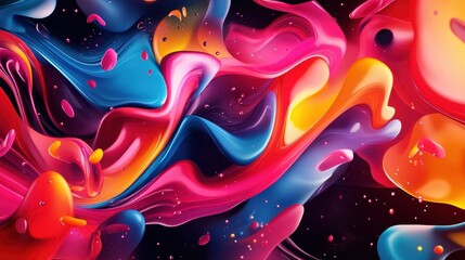 Poster - Vibrant abstract painting with dynamic swirls of color, showcasing a blend of blue, pink, yellow, and orange hues.