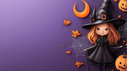 halloween festival : cute witch ,witch hat,witch's wand,witch castle, orange moon ,maple leaf ,spide