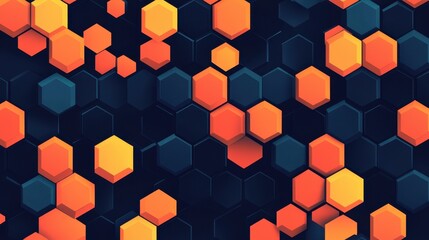 Poster - Vibrant abstract background with orange and yellow hexagonal shapes on a dark backdrop. Ideal for modern design, tech, and creative projects.