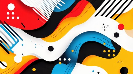 Poster - Vibrant abstract background featuring dynamic waves and bold colors - red, yellow, blue, and black, with geometric patterns and dots.