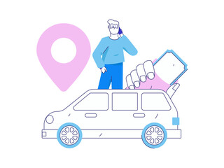 Flat vector concept operation hand drawn illustration of people taking a taxi
